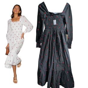 NWT Never Fully Dressed Black shirred smock midi dress cherry Embroidere…